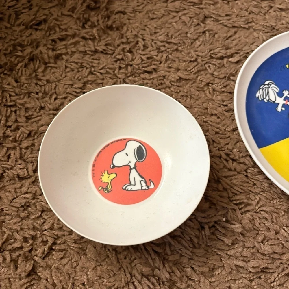Vintage Snoopy Plate Set Peanuts Melamine Triangle Dinnerware Woodstock Cartoon